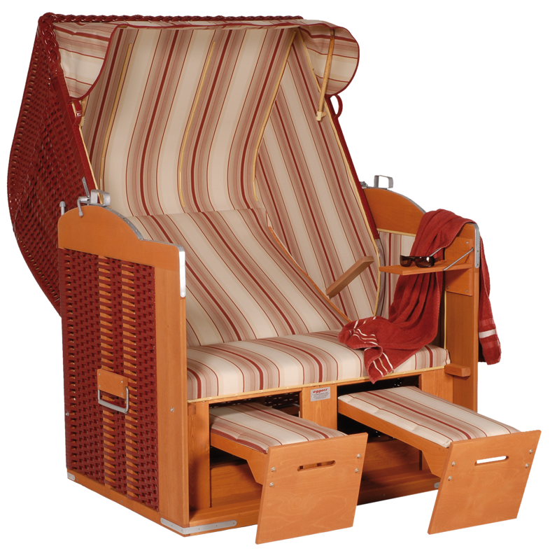 Der 2-Sitzer Strandkorb hat ein Geflecht aus PVC in der Farbe bordeaux mit einem gestreiften Stoffdesign in beige-rot.