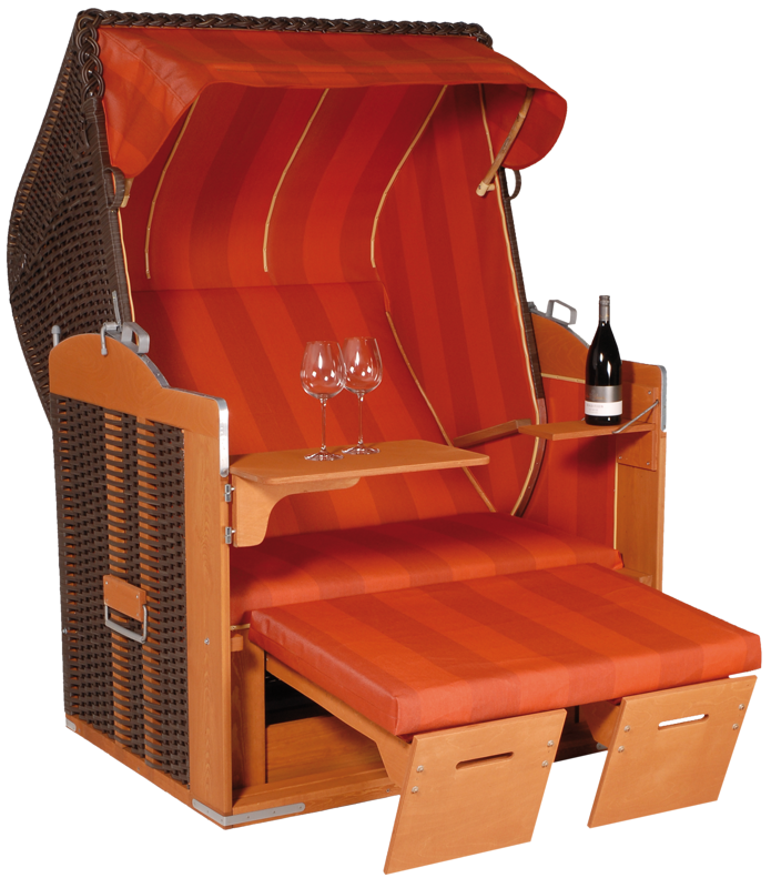 Der 2-Sitzer Strandkorb hat ein Geflecht aus PE in der Farbe cappuccino mit einem gestreiften Stoffdesign in rot.