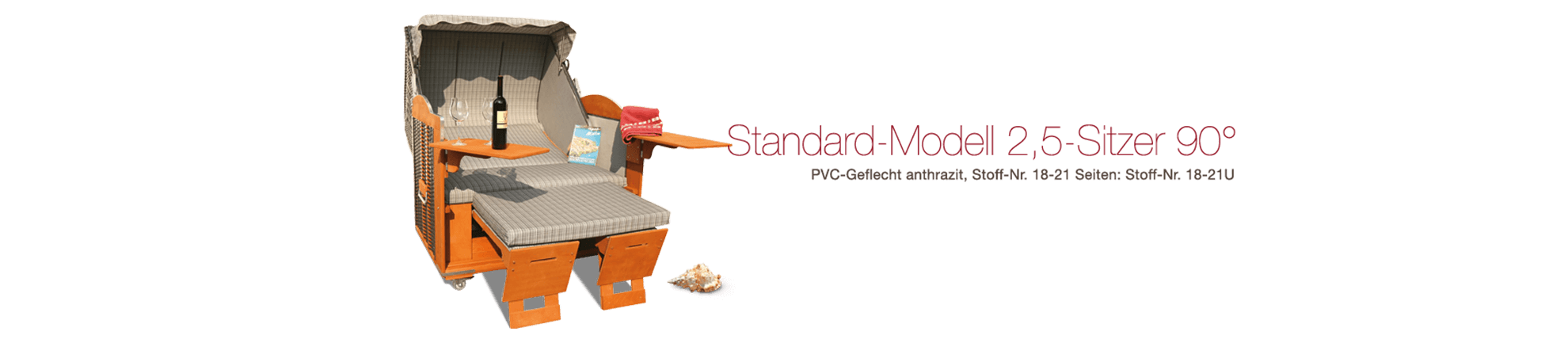 Der 2,5-Sitzer Strandkorb hat ein Geflecht aus PVC in der Farbe anthrazit mit einem karierten Stoffdesign in grau-schwarz.