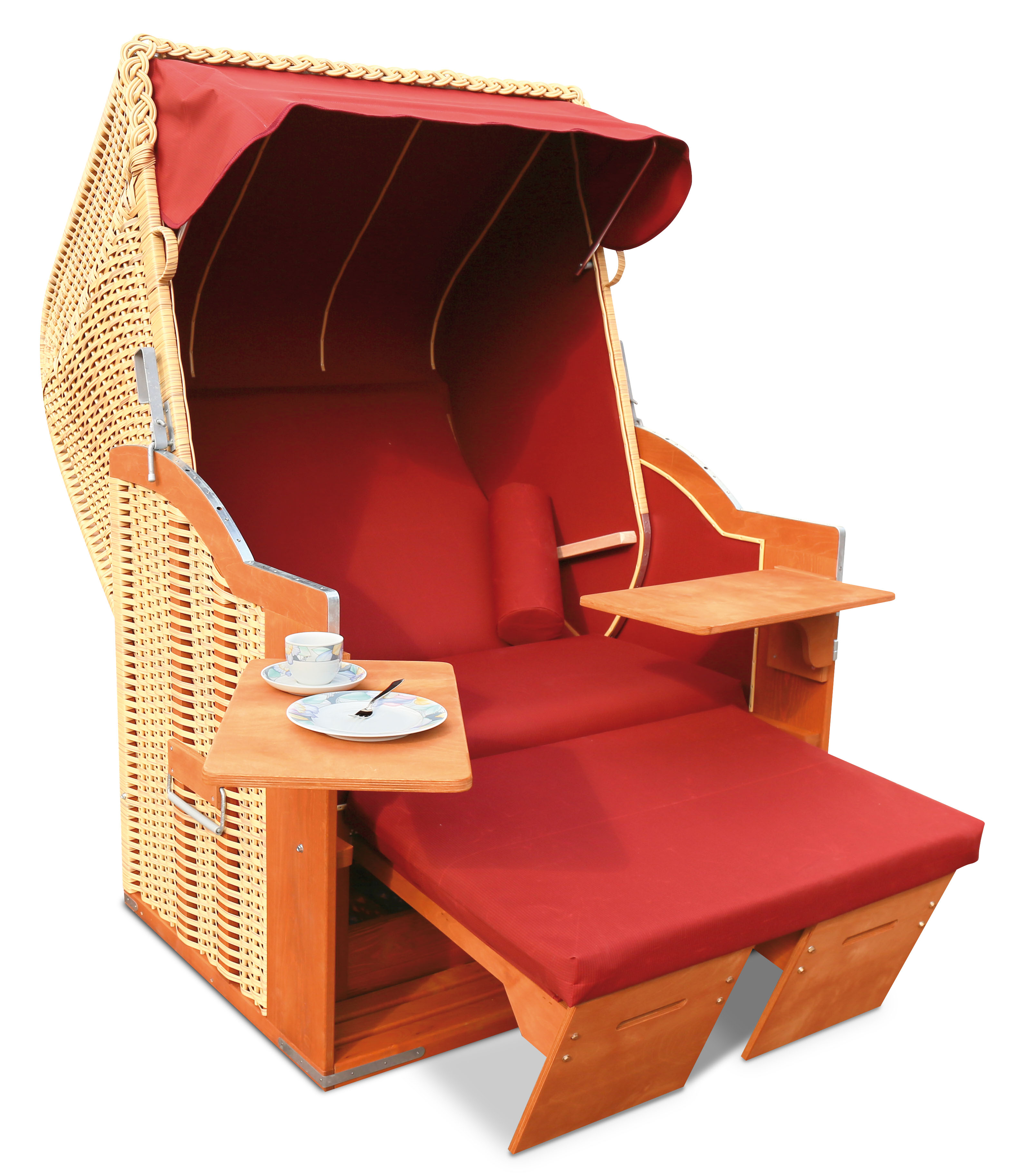 Der 2-Sitzer Strandkorb hat ein Geflecht aus PE in der Farbe beige mit einem kleinkarierten Stoffdesign in rot-schwarz.