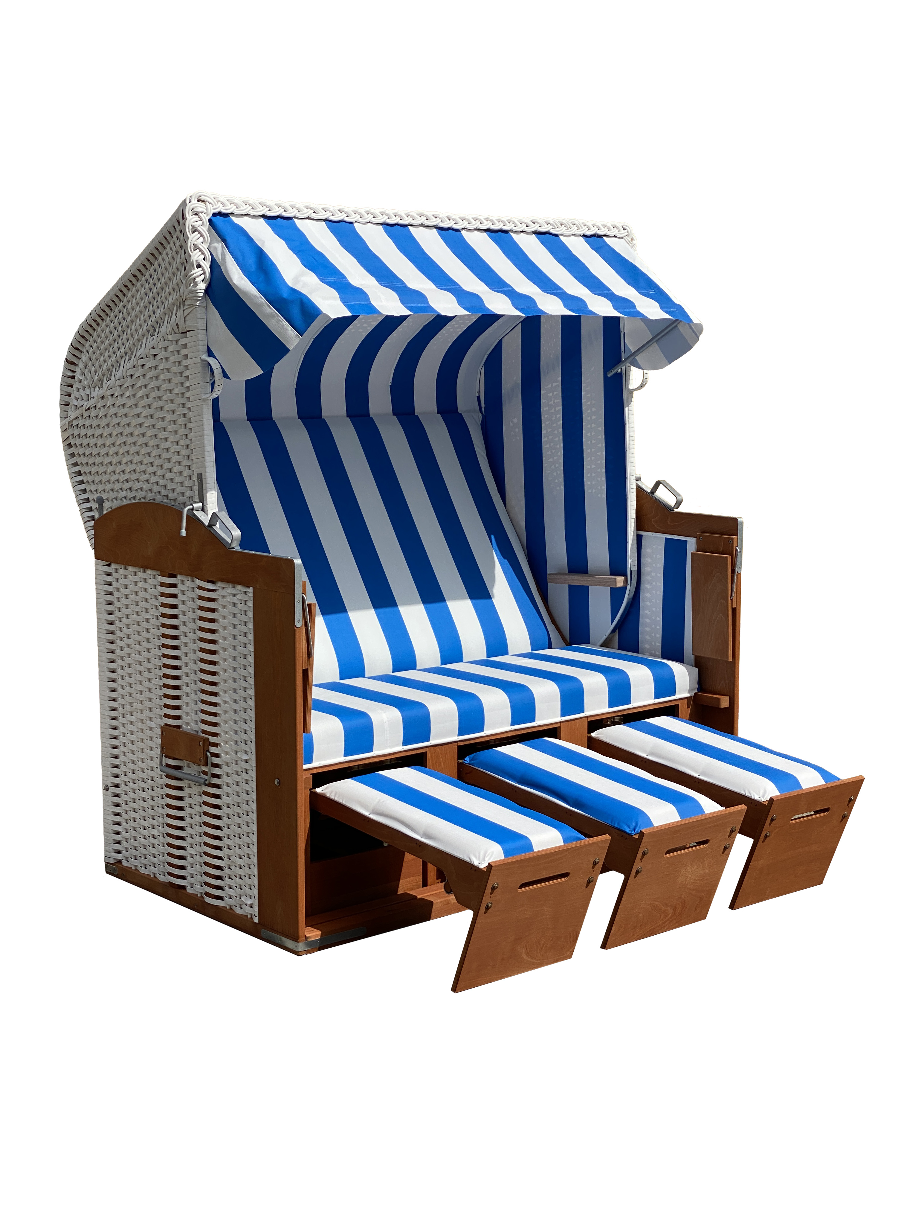 PVC-Geflecht weiß - Plastikfolie E14 Der 3-Sitzer Strandkorb hat ein Geflecht aus PVC in der Farbe weiß mit gestreifter Plastikfolie in blau-weiß.