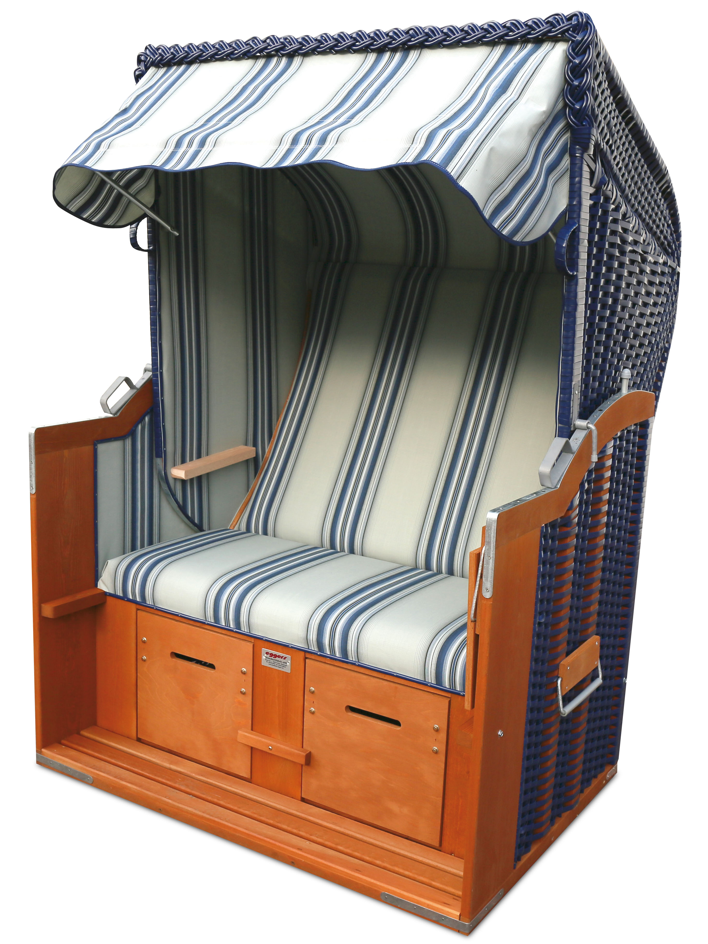Der 2-Sitzer Strandkorb hat ein Geflecht aus PVC in der Farbe kobaltblau mit einem gestreiften Stoffdesign in grau-blau.