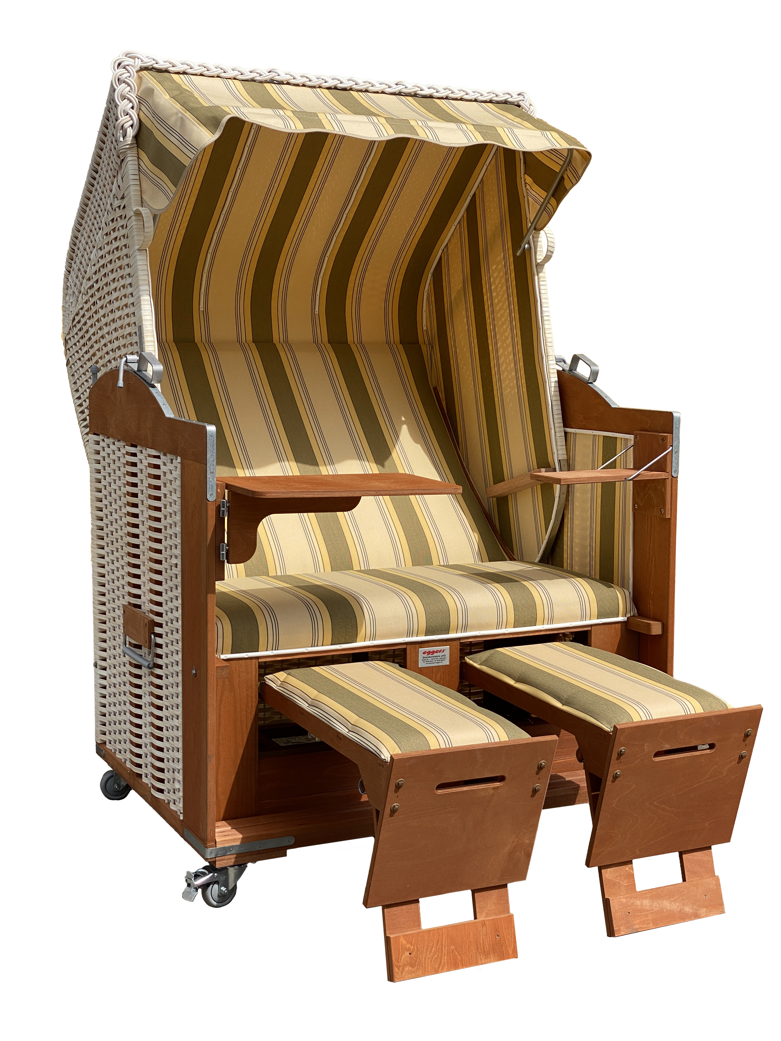 Der 2-Sitzer Strandkorb hat ein Geflecht aus PE in der Farbe weiß mit einem gestreiften Stoffdesign in gelb.