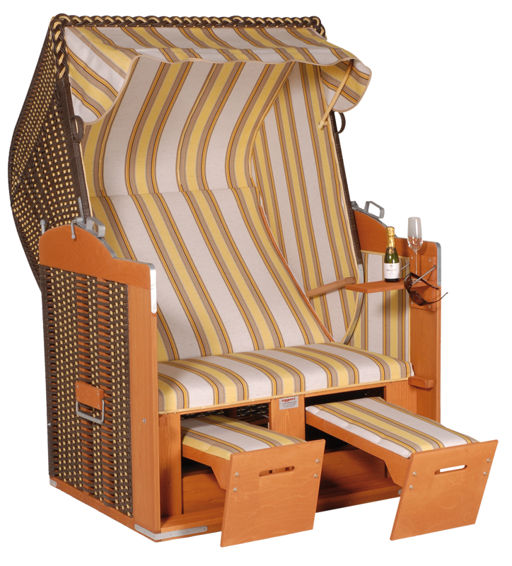 Der 2-Sitzer Strandkorb hat ein Geflecht aus PE in der Farbe cappuccino/beige mit einem gestreiften Stoffdesign in gelb-weißmeliert.