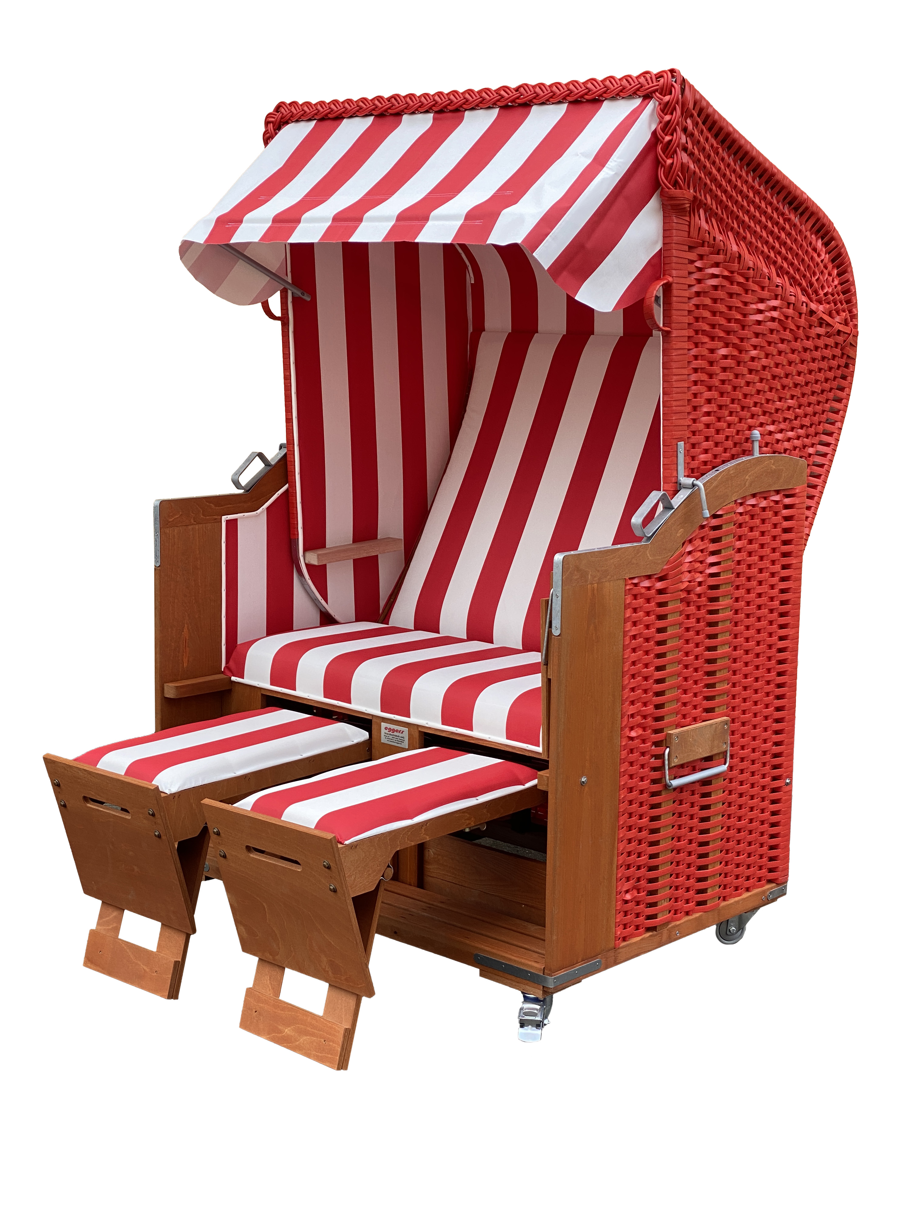 Der 2-Sitzer Strandkorb hat ein Geflecht aus PVC in der Farbe rot mit gestreifter Plastikfolie in rot-weiß.