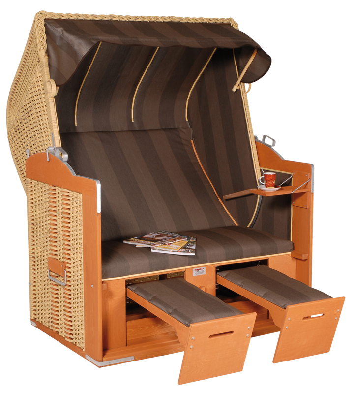 Der 2,5-Sitzer Strandkorb hat ein Geflecht aus PE in der Farbe beige mit einem gestreiften Stoffdesign in dunkelbraun.