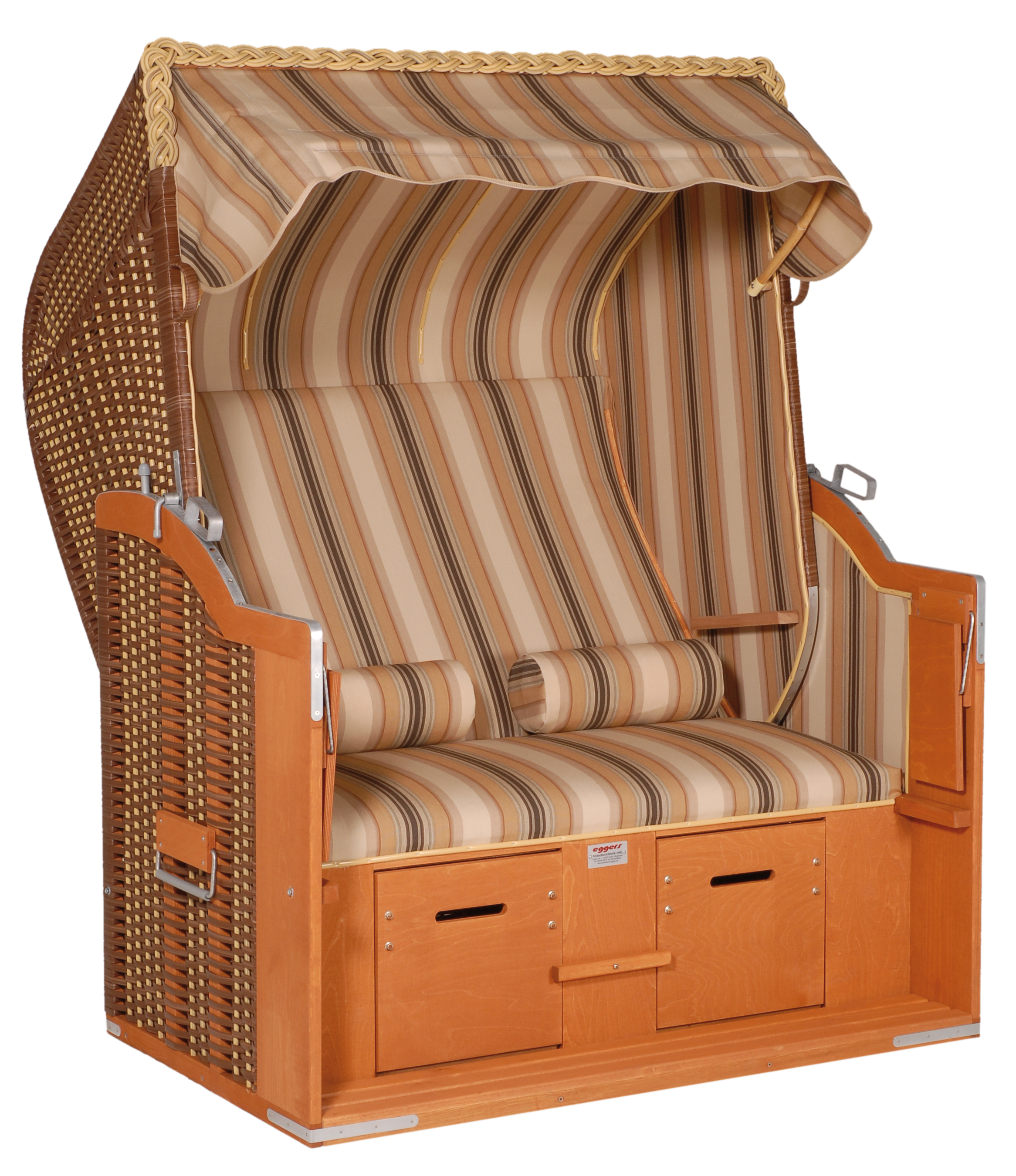 Der 2,5-Sitzer Strandkorb hat ein Geflecht aus PE in der Farbe braun/beige mit einem gestreiften Stoffdesign in braun-beige.