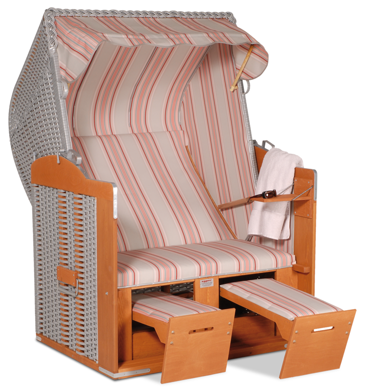 Der 2-Sitzer Strandkorb hat ein Geflecht aus PVC in der Farbe silber mit einem gestreiften Stoffdesign in grau-rosa.