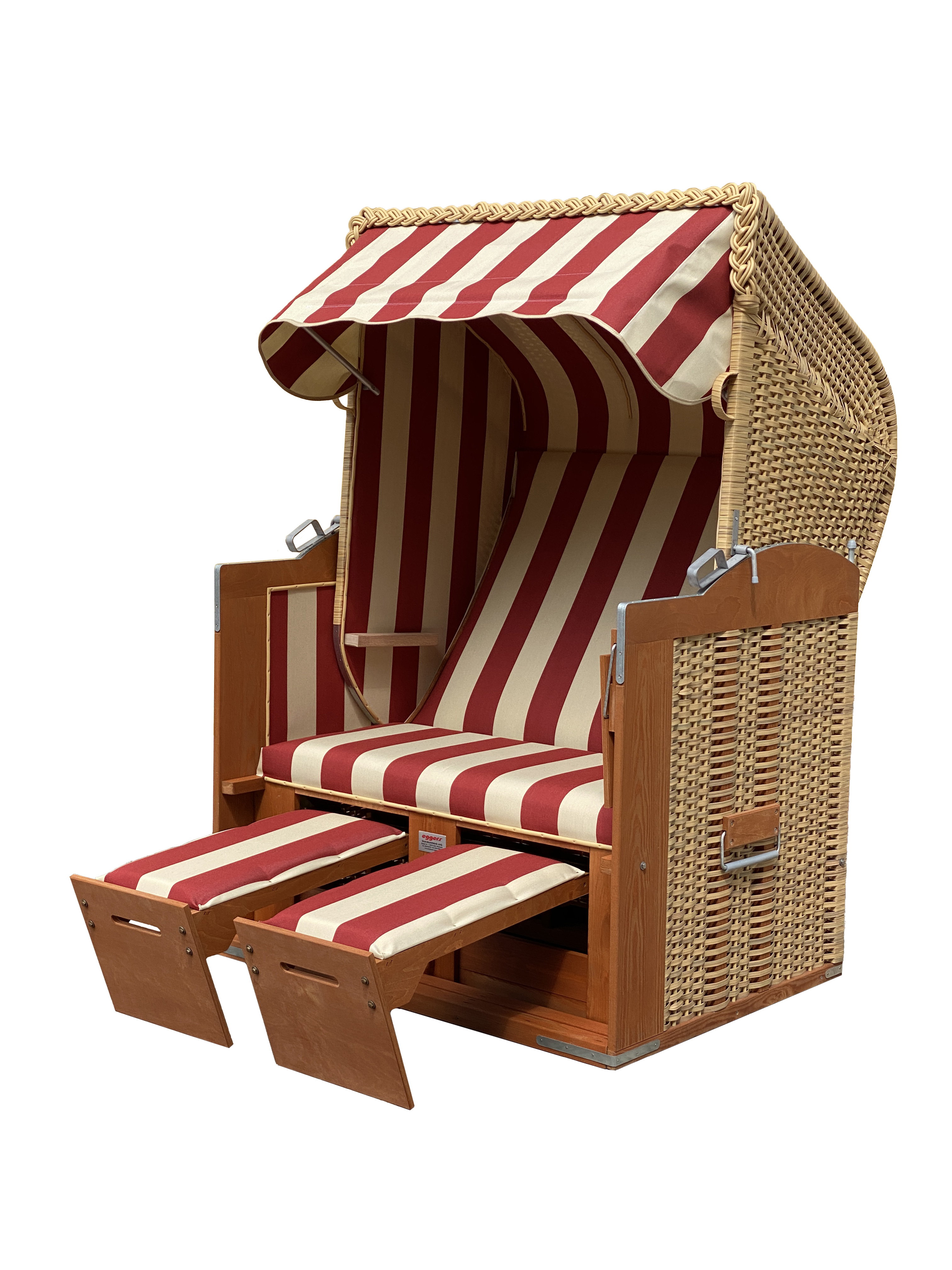 Der 2-Sitzer Strandkorb hat ein Geflecht aus PE in der Farbe beige mit einem gestreiften Stoffdesign in rot/beige.