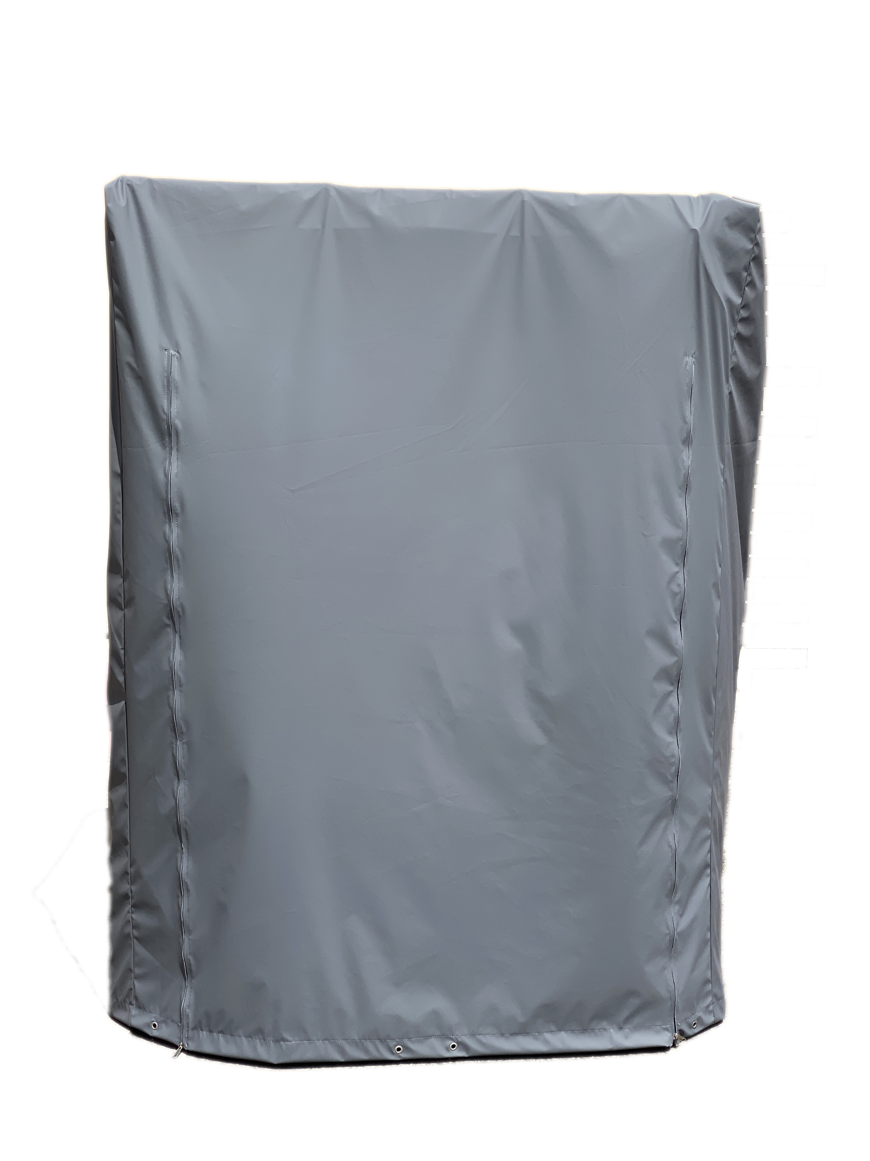 Die Strandkorbabdeckung ist aus „ProCap Outdoor-Material“ und hat an der Front zwei Reißverschlüsse sowie unten einen Kordelzug.