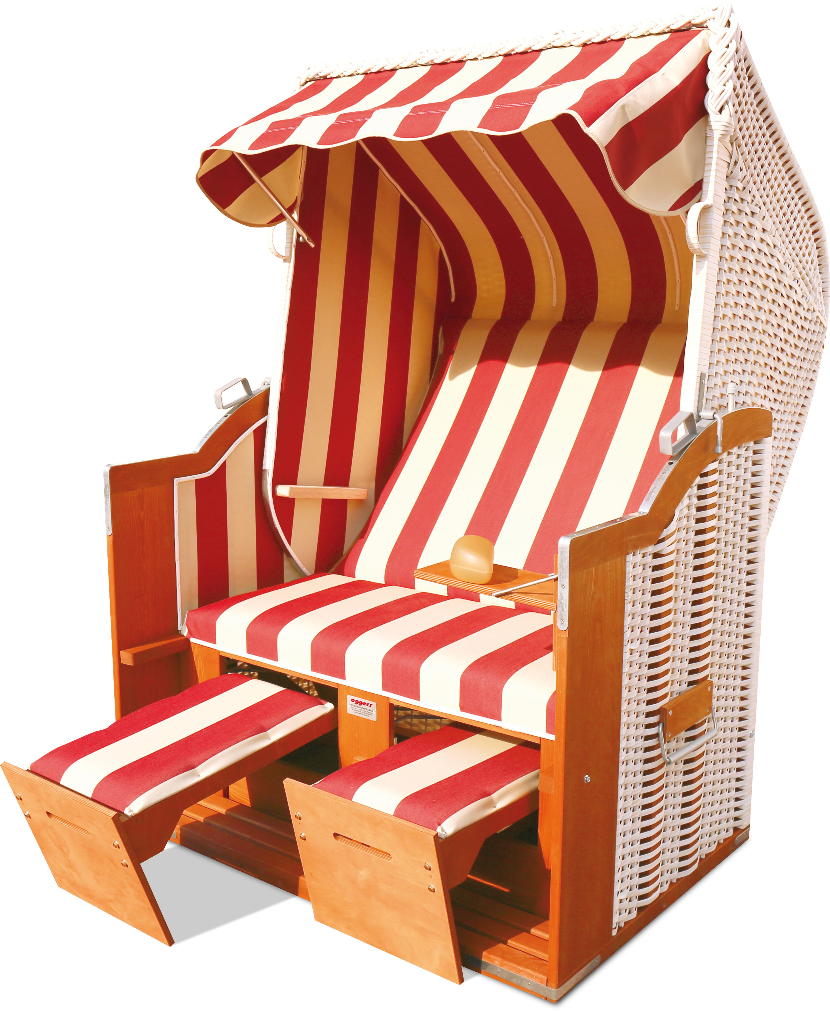 Der 2-Sitzer Strandkorb hat ein Geflecht aus PE in der Farbe weiß mit einem gestreiften Stoffdesign in rot-beige.