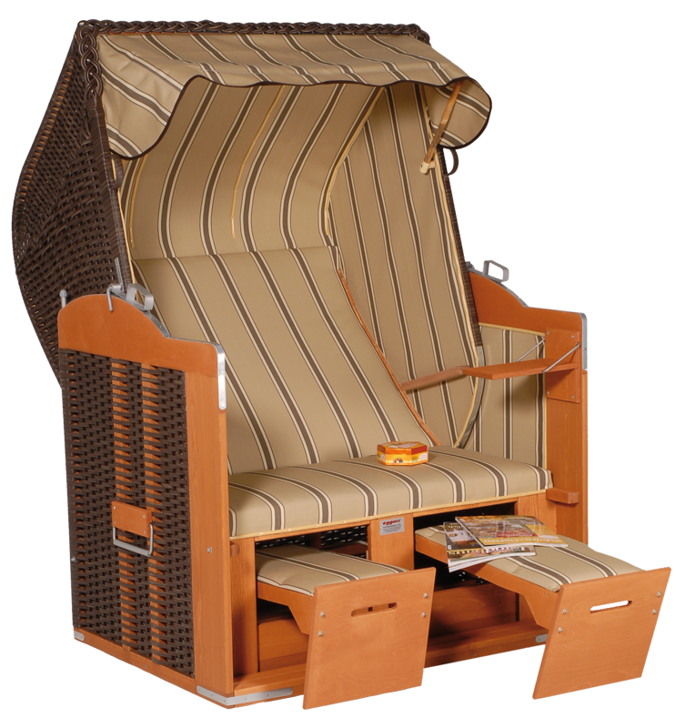 Der 2-Sitzer Strandkorb hat ein Geflecht aus PE in der Farbe cappuccino mit einem gestreiften Stoffdesign in beige-braun.