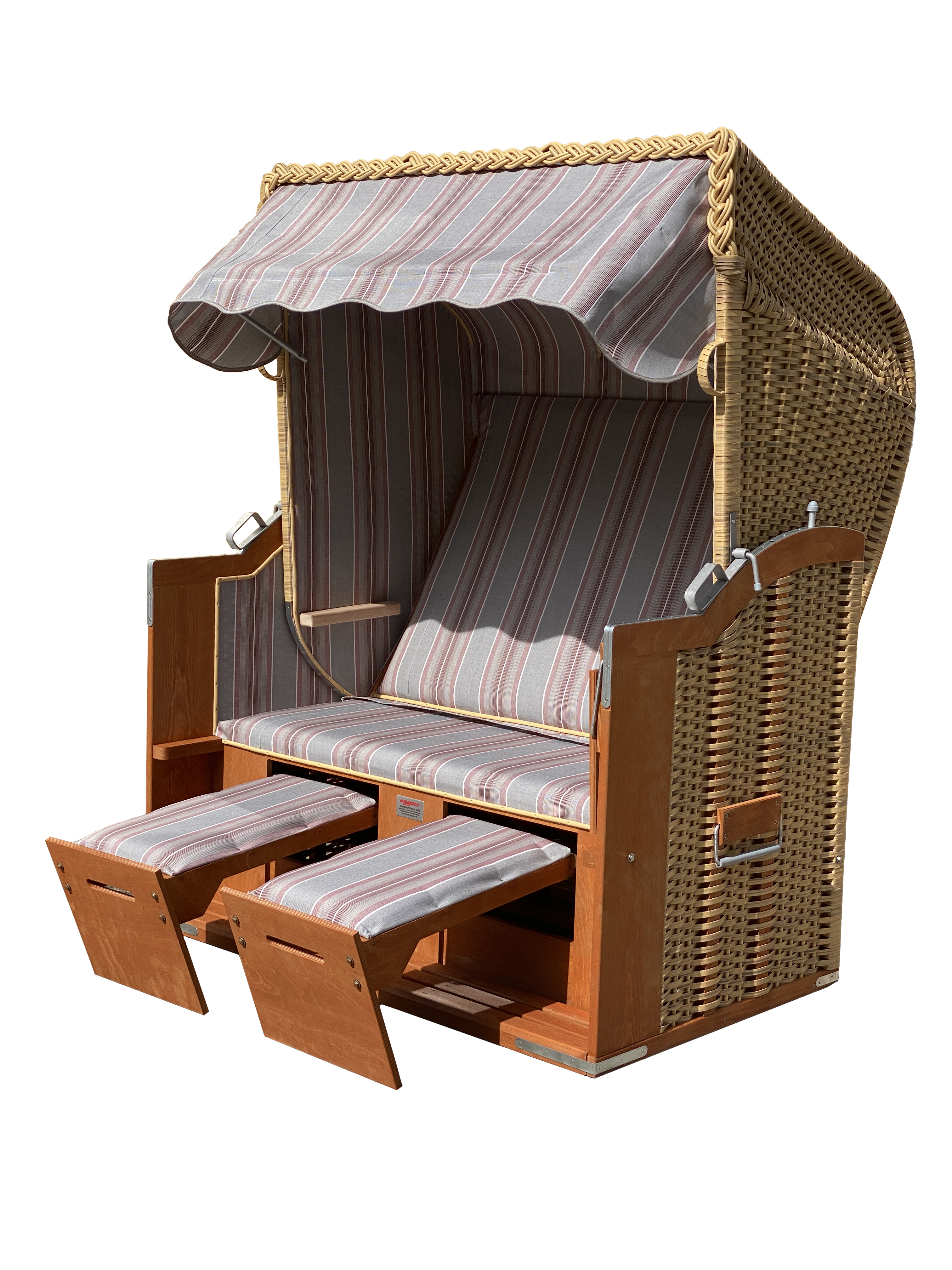 Der 2,5-Sitzer Strandkorb hat ein Geflecht aus PE in der Farbe beige mit einem gestreiften Stoffdesign in grau-weiß-bordeaux.