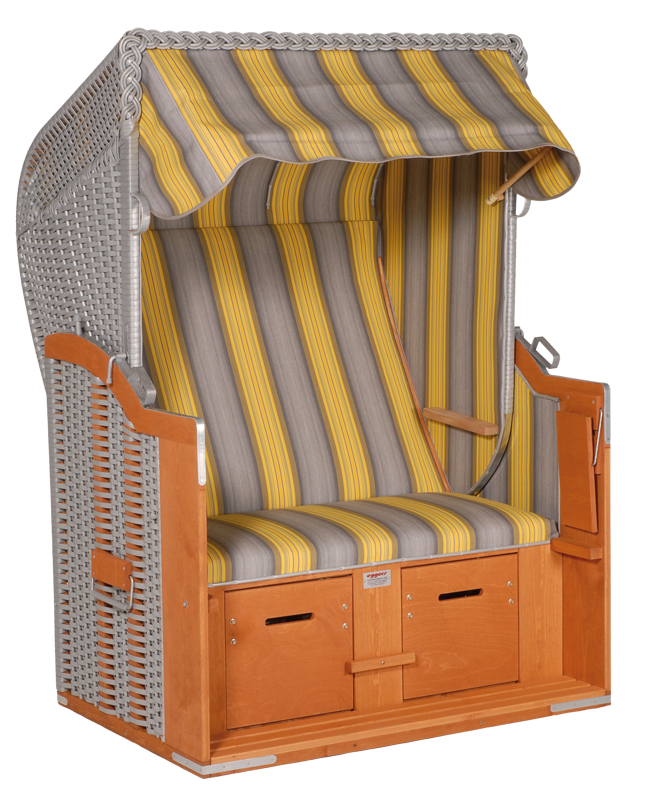 Der 2-Sitzer Strandkorb hat ein Geflecht aus PVC in der Farbe silber mit einem gestreiften Stoffdesign in grau-gelb.