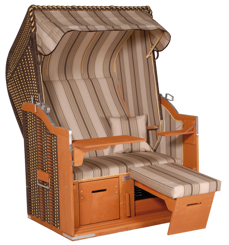Der 2-Sitzer Strandkorb hat ein Geflecht aus PE in der Farbe cappuccino/beige mit einem gestreiften Stoffdesign in beige-braun.